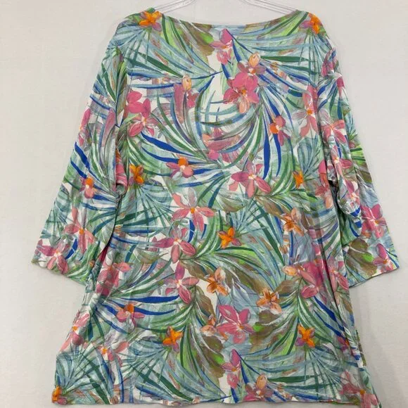 Quacker Factory Top size 2X Pink Blue Floral V Neck Stretch 3/4 Sleeve Casual - Picture 7 of 8